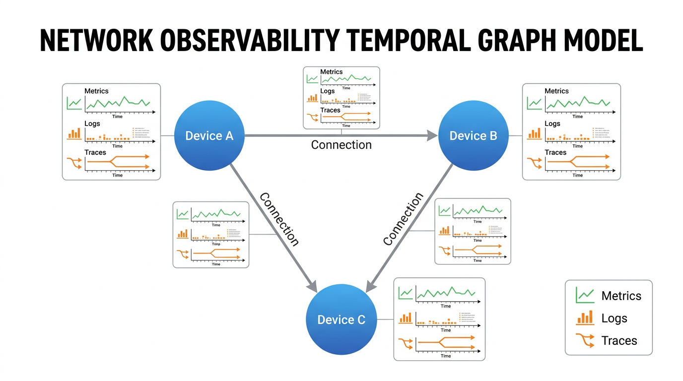 Infographic illustrating the mapping of network observability data to a temporal graph data model.